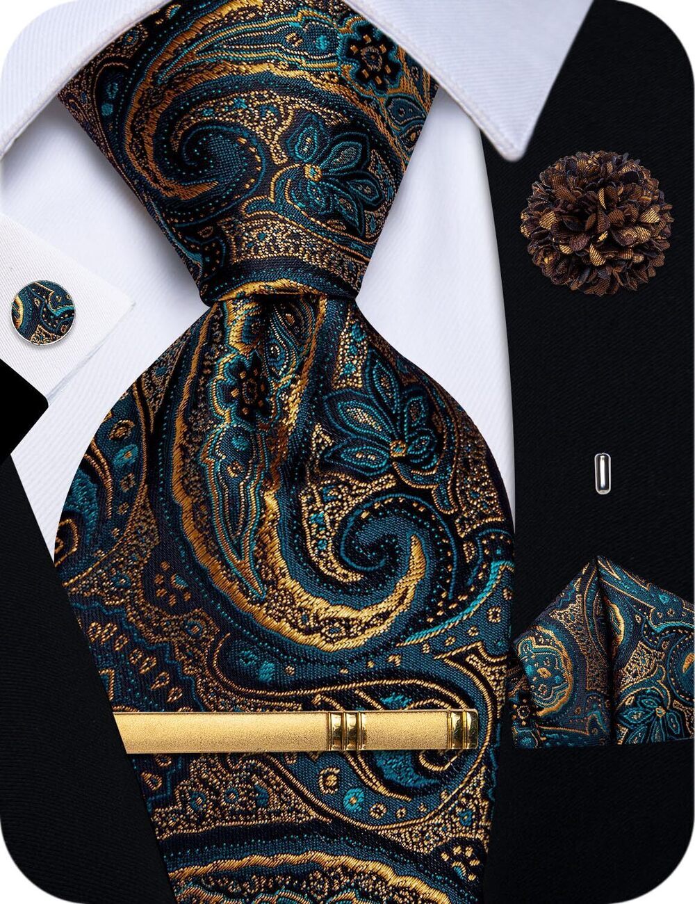 7066 Teal Gold Tie Silk Paisley Necktie Pocket Square Cufflinks Tie Clip